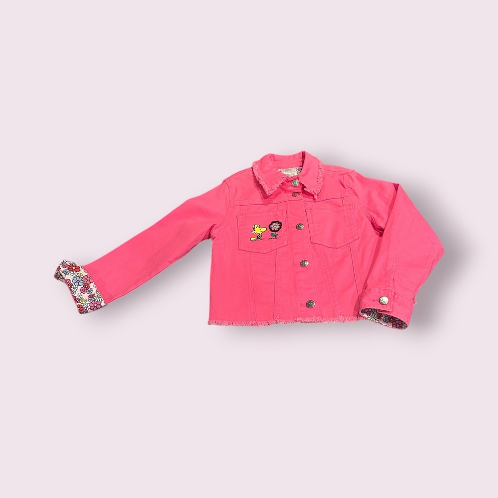 365 By Garanimals Peanuts Snoopy Pink And Floral Kids Denim Jacket Size 6